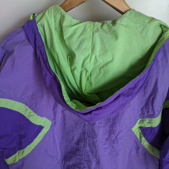 Vintage 90s InSport for Women Purple Neon Green Windbreaker Jacket Medium Hood - Picture 12 of 16